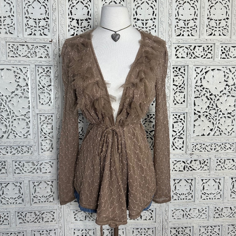 Anthropologie Ryu Tan Lace Boho Coquette Lace Tie Front Open Cardigan Sz Small